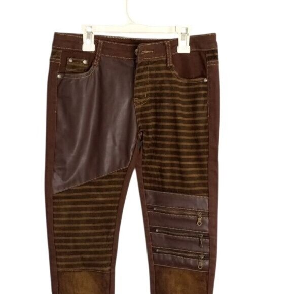 Moto Biker Pants 29 x 30 Womens Premium Brown Faux Leather Skinny Steampunk - Picture 2 of 15